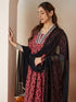 Janasya Women's Maroon Pure Cotton Ikkat Printed Anarkali Kurta Set